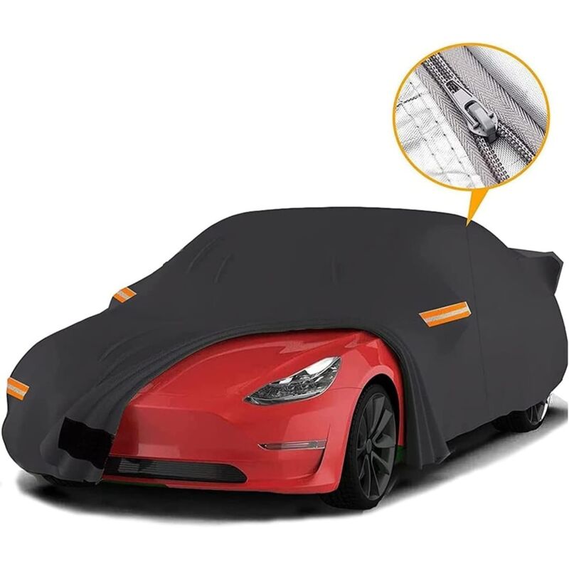 Autoabdeckung, 100 % Wasserdichte Limousinenabdeckung Für Tesla Model Y, Wetterschutz Mit Belüftetem Netzgewebe Und Reißverschluss An Der Fahrertür – Schwarz