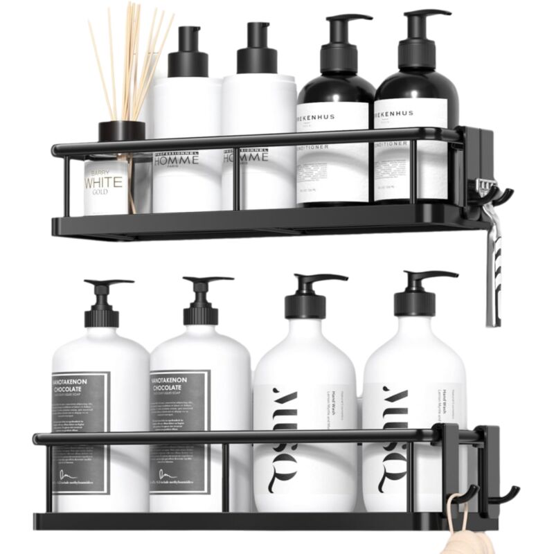Duschablage Ohne Bohren – Badezimmer-organizer Mit Großem Fassungsvermögen – Schnelltrocknender Duschshampoo-halter Ohne Bohren Mit 4 Haken – Edelstahl – Schwarz