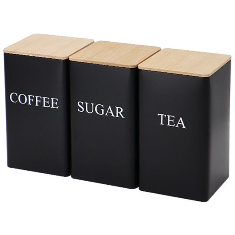 Set Mit 3 Luftdichten Gläsern – Kaffee, Tee, Zucker – Bambusdeckel – Schwarz –