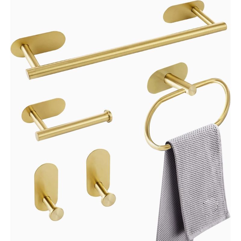 5-teiliges Badezimmer-set: Accessoires Aus Edelstahl Sus304, Goldener Handtuchhalter Und Ringe, Kein Bohren Erforderlich.