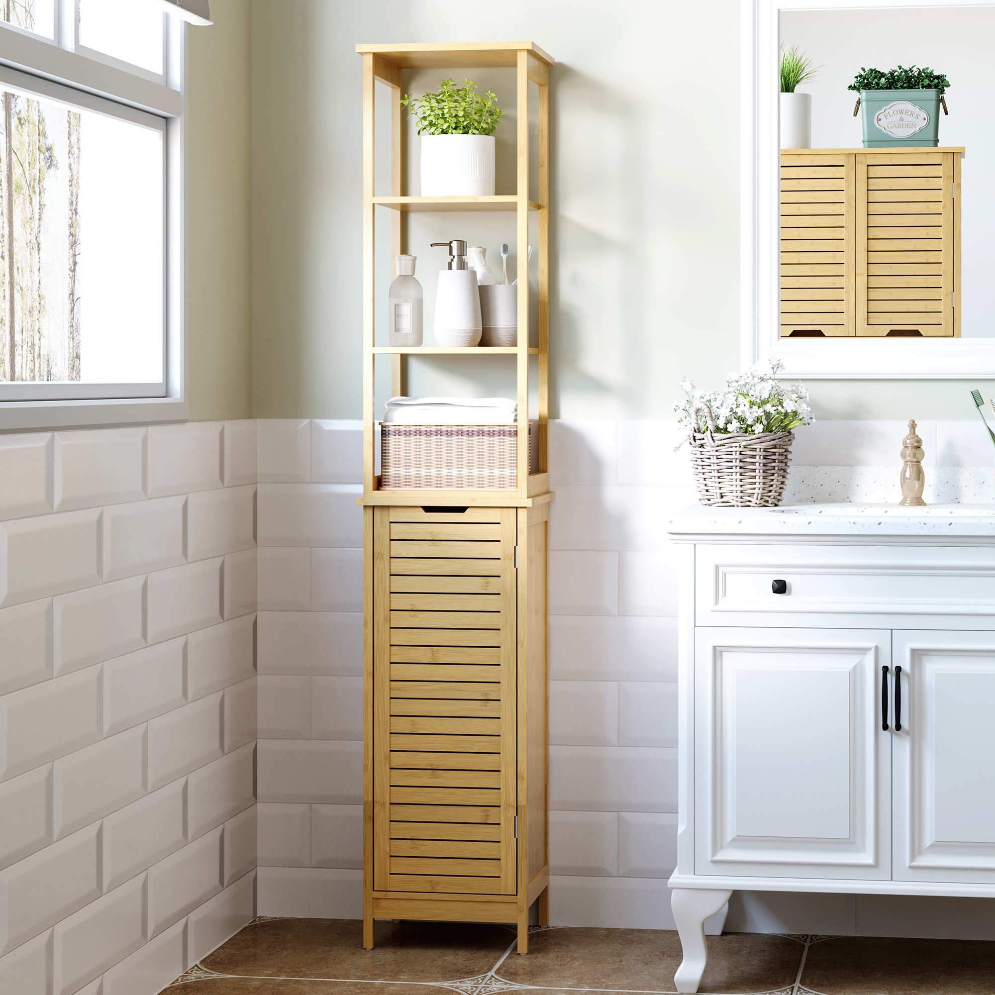 Badschrank Bambus, 34 X 30 X 173 Cm, Mit 3 Offenen Fächer Und 1 Schrank, Kippschutz, Grifföffnung, Freistehender, Kleine Räume, Natur