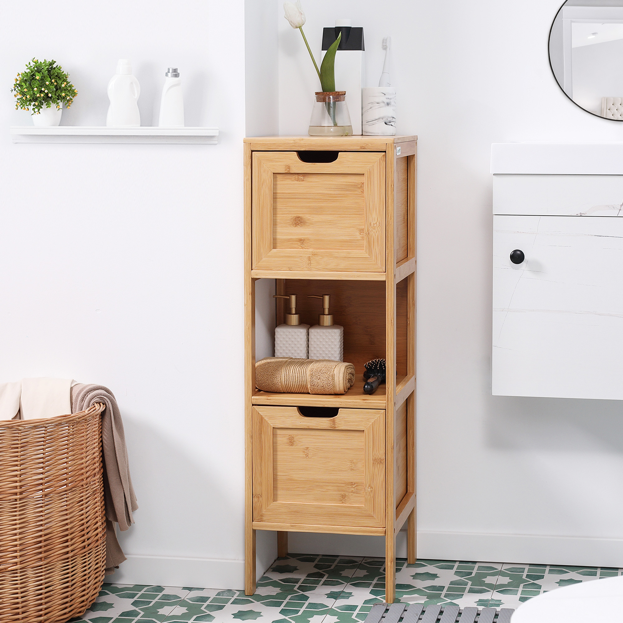 Badezimmerschrank Aufbewahrungsschrank Aus Bambus Mit 2 Schubladen Unterschrank Kippschutz Im Landhausstil Beistellschrank