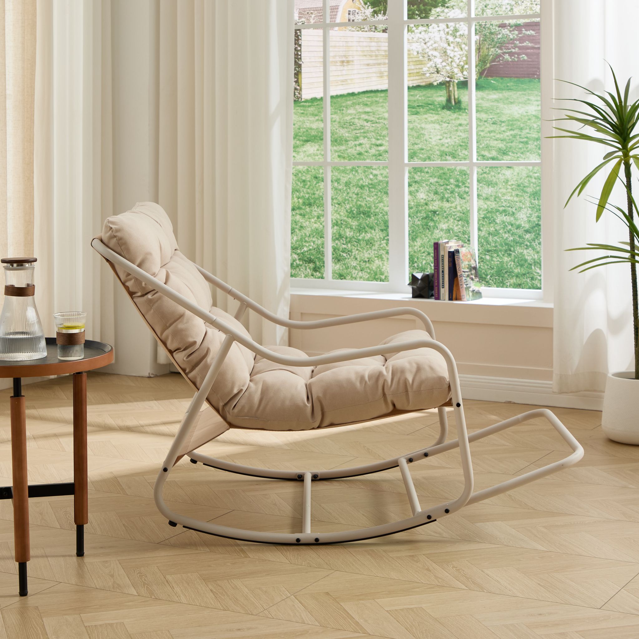 Outdoor Rocking Chair, Comfy Cushion, With Soft Thick Cushion,for Living Room, Bedroom, Reading Room, Beige Frame With Beige Cushion