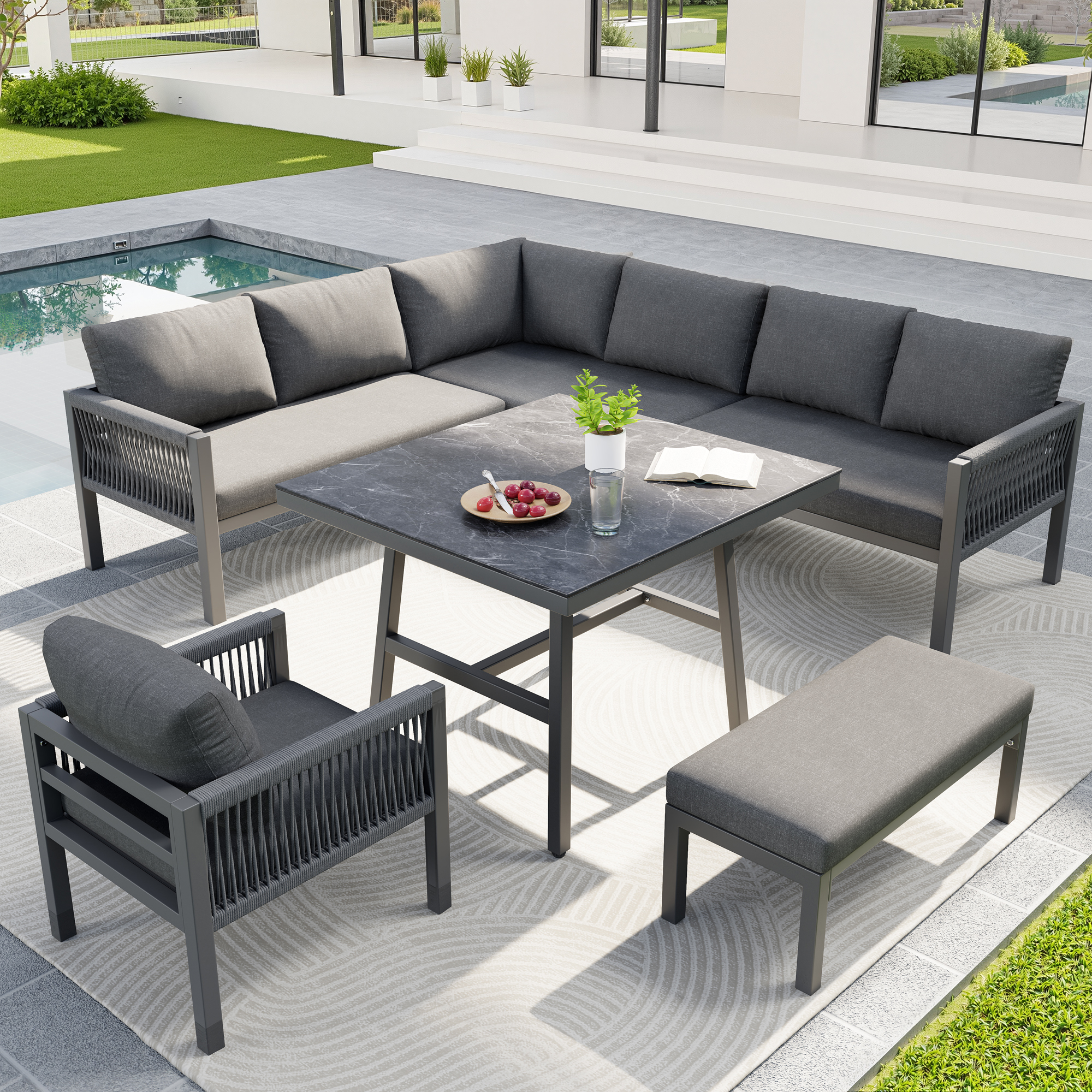 Handgeflochtenes L-form Garten-sofa Für Bis Zu 8 Personen / Robuster Eisengestell Mit Grauen Polstern / Inkl. 1 Tisch Mit Marmor-glasplatte Und 2 Sesseln / Wetterfeste Terrassen-garnitur