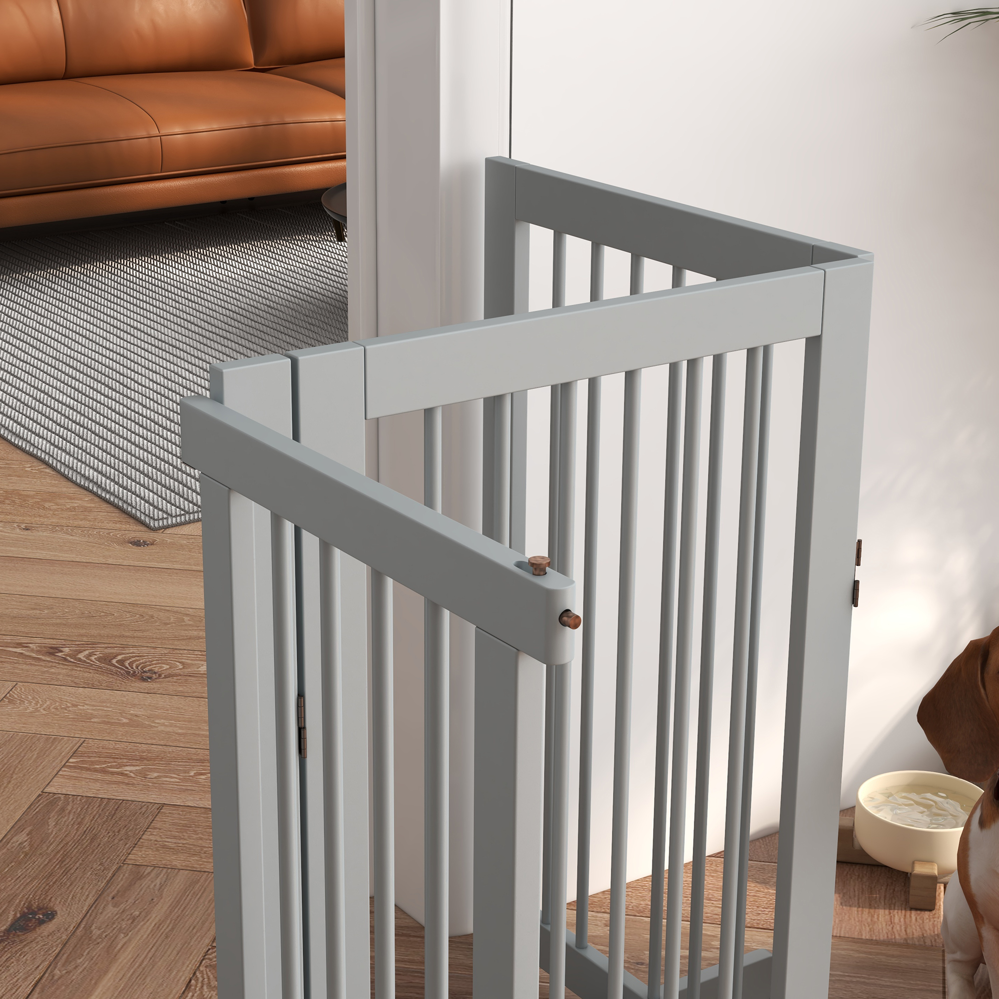 Absperrgitter Hund 4-teilig 220 X 91 Cm Faltbar Mit Tür Freistehend Aus Holz Mit 2 Stützfüßen Treppenschutzgitter Für Küche Flur Treppe Hellgrau
