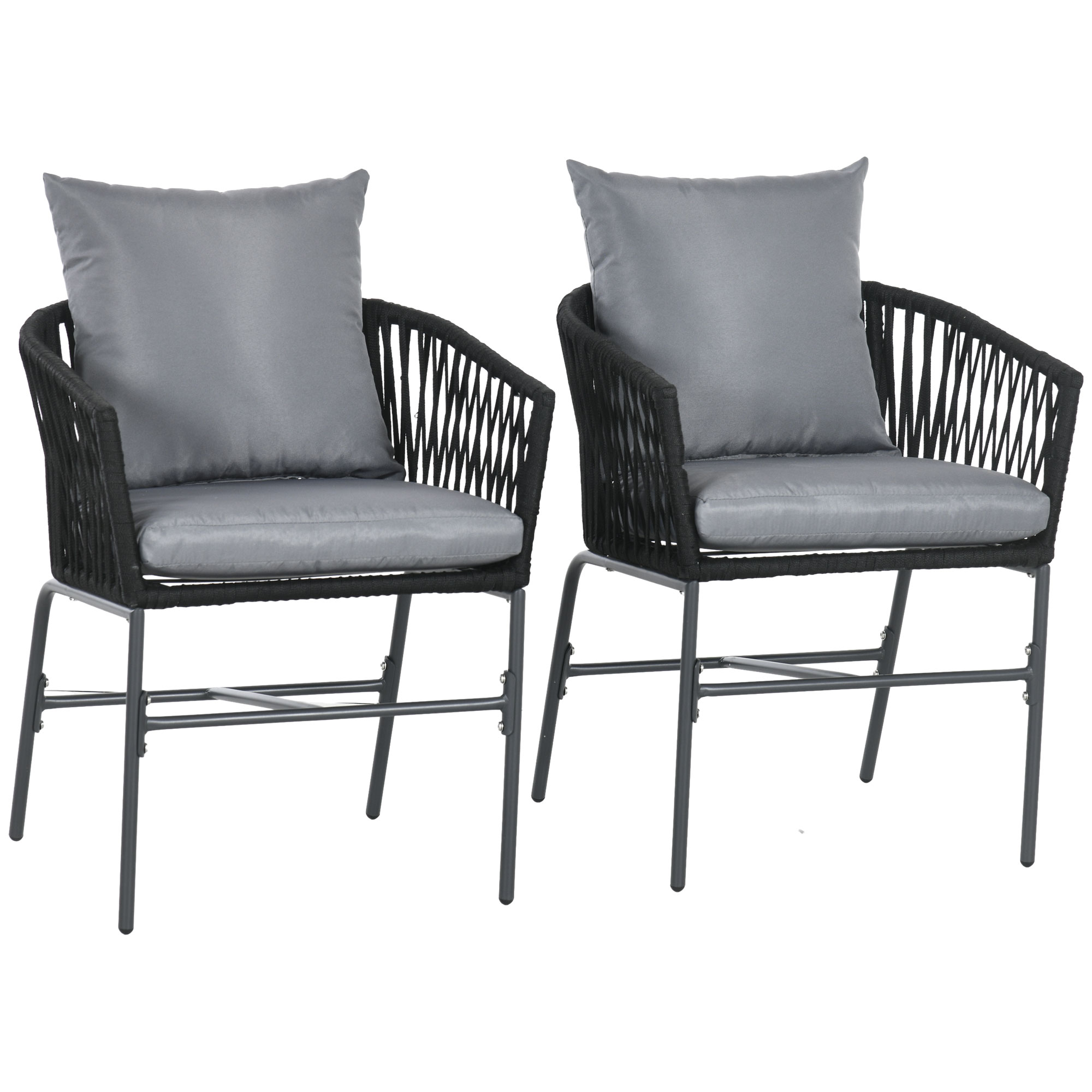 Gartenstühle 2er-set Mit Kissen, Belastbar Bis 120 Kg, Geschwungener Sitzschal Im Boho-stil, Metallrahmen 57 X 60 X 71 Cm, Schwarz