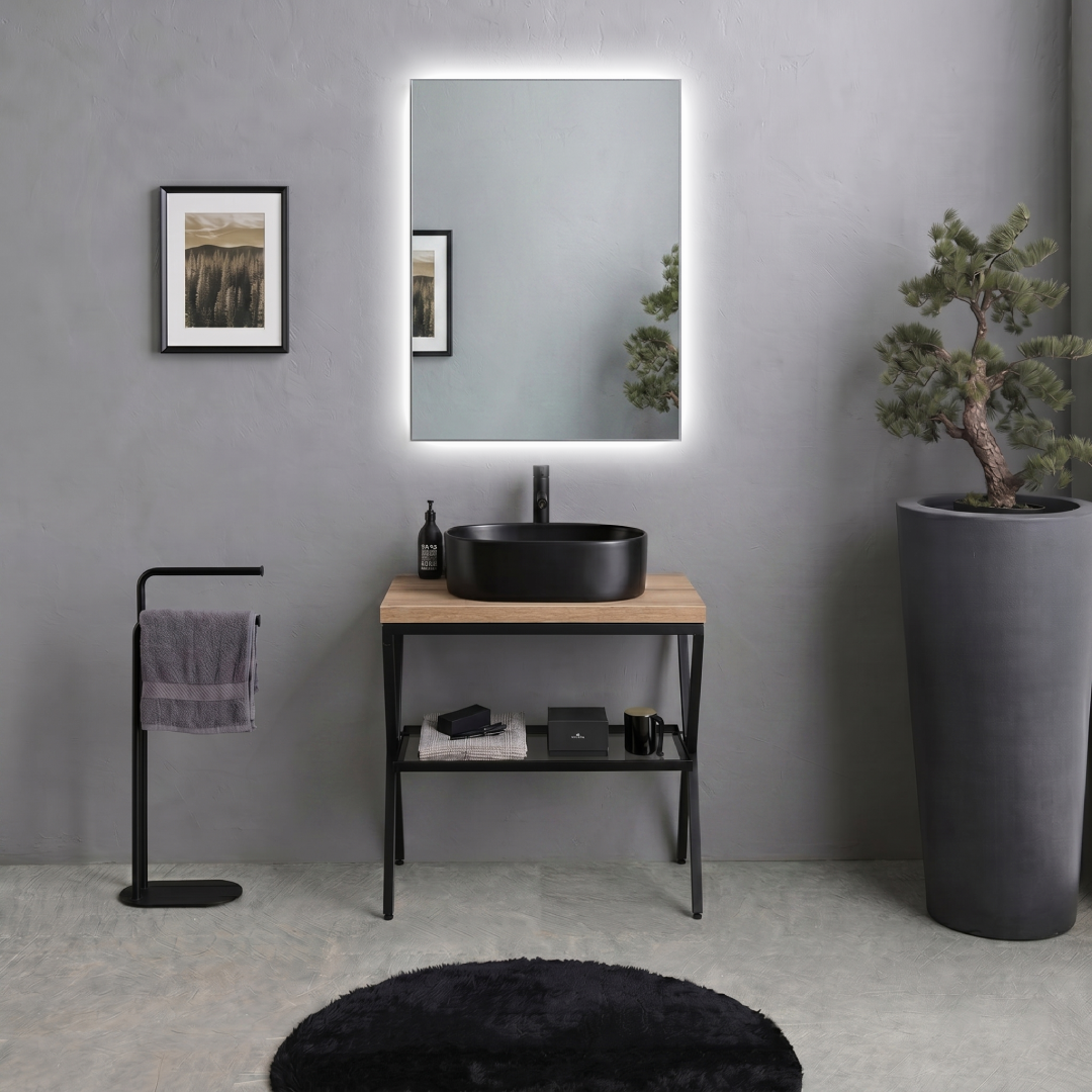 Badezimmerunterschrank Mit Metallgestell, Glasablage Und Eichenholzplatte 60cm Manchester