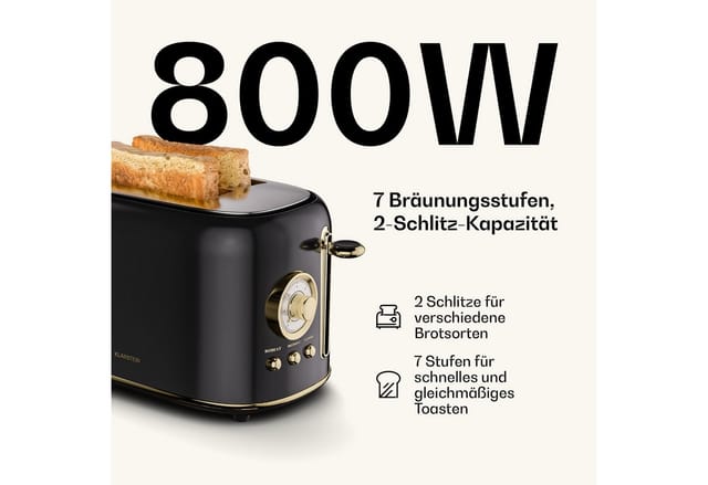 Klarstein Victoria Toaster – Retro-toaster Für 2 Scheiben 800 W, 7 Bräunungsstufen, Auftauen Und Aufwärmen, Brötchenhalter, Herausnehmbares Krümelfach