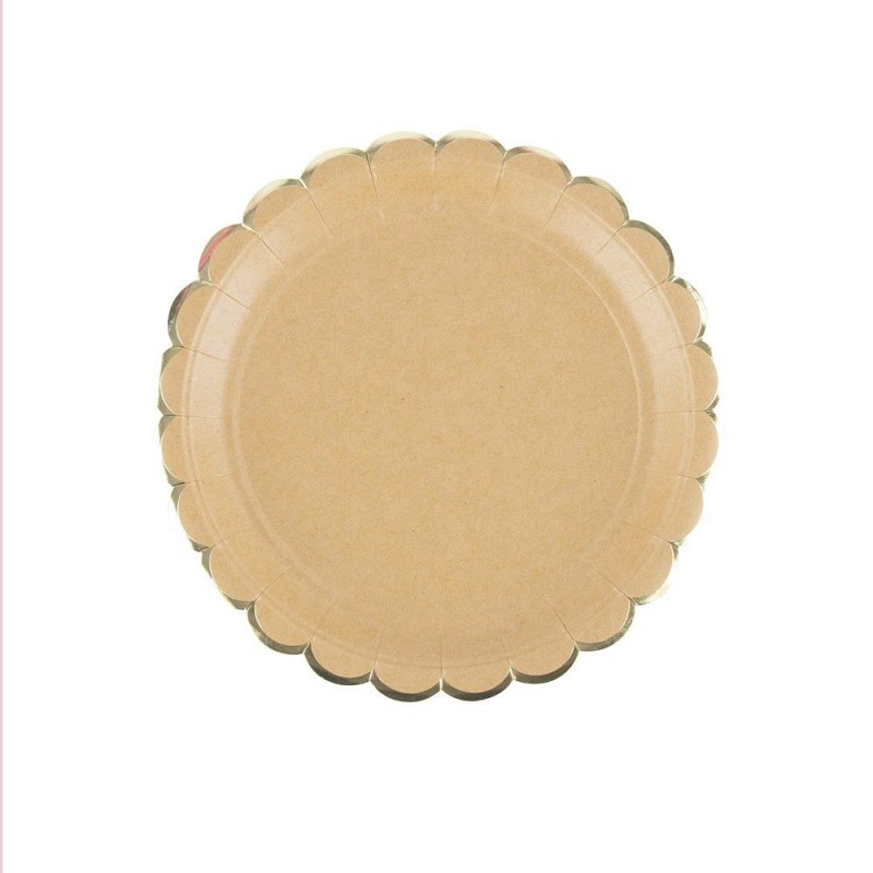 8 Kraftpapierteller Mit Gewelltem Rand Und Goldverzierung, 23 Cm – Partygeschirr, Beige