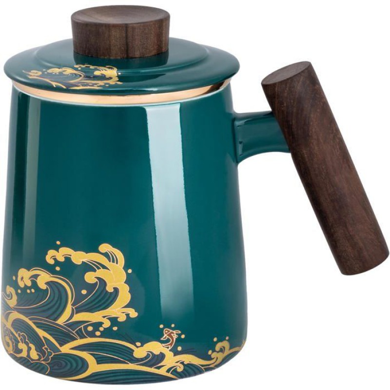 420 Ml Keramik-teetasse Mit Siebeinsatz/deckel, Dunkelgrünes Wellenmuster.