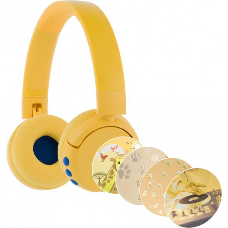 Buddyphones Popfun Kinderkopfhörer – Kabellos – Lautstärke Begrenzt Auf 84/95 Db – 24 Stunden Akkulaufzeit – Bluetooth – Integriertes Mikrofon – Inklusive Lustiger Aufkleber – Gelb