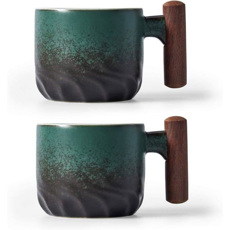 Espressotassen Aus Keramik Mit Holzgriffen, Espressotassen, Teetassen In 2 Grüntönen – 2 Stück. Kaffeemaschine