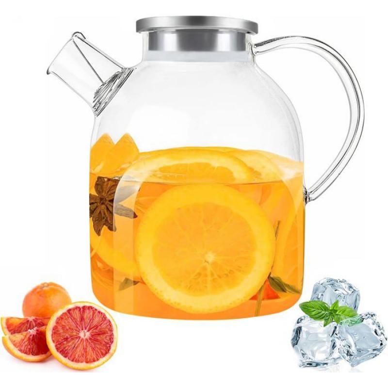 1,8-liter-krug Aus Borosilikatglas Mit Deckel Und Griff Aus Edelstahl, Für Tee, Wasser, Saft, Wein.