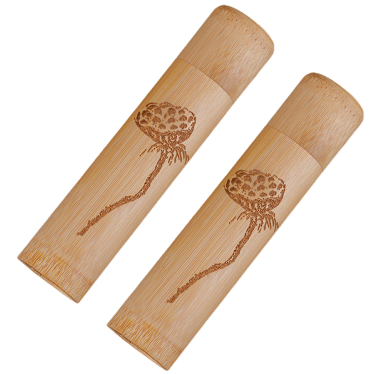 Set Aus 2 Röhren Aus Natürlichem Und Umweltfreundlichem, Karbonisiertem Bambus Mit Lotusmuster, Für Tee, Nüsse Oder Räucherstäbchen.
