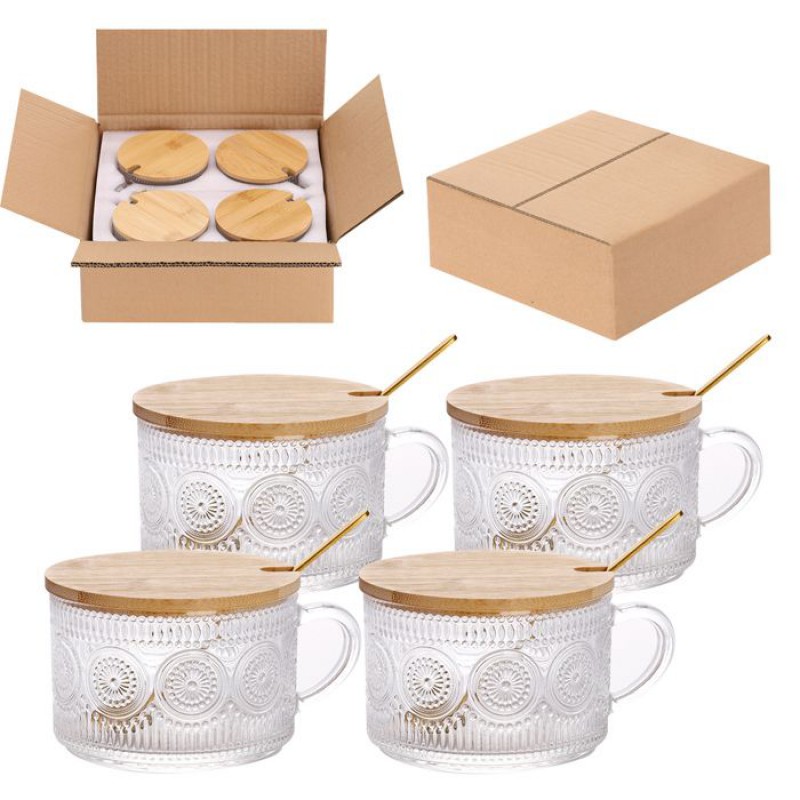 Set Aus 4 Vintage-glasbechern (450 Ml), Löffeln Und Bambusdeckeln, Für Tee, Latte, Cappuccino, Müsli