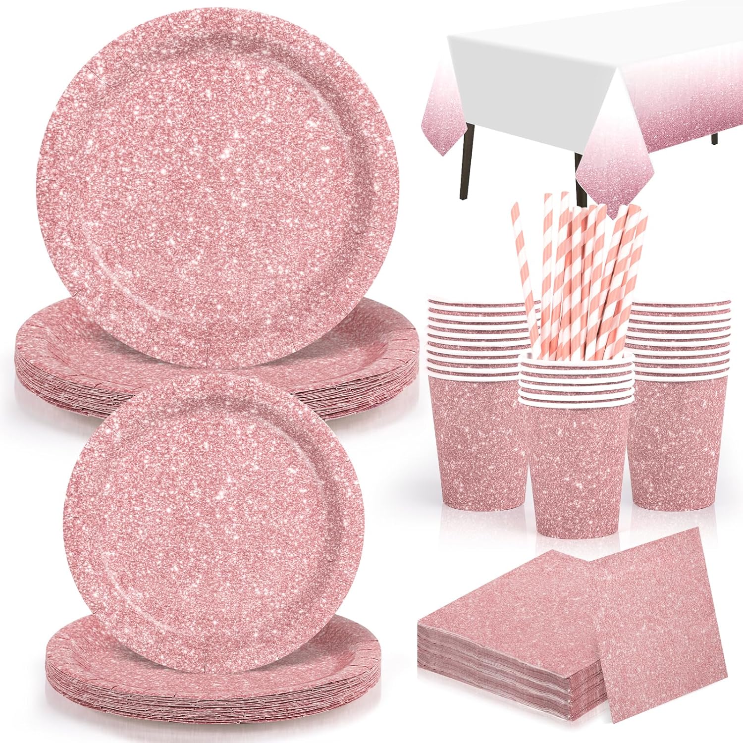 Einweggeschirr In Roségold – 16 Gäste – Glitzerpapier – Teller, Becher, Servietten – Hochzeit/jubiläum
