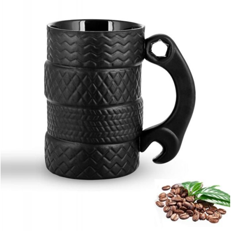 Großer 500-ml-reifenbecher: Kreativer Keramikbecher In Reifenform Mit Löffel, Großer Keramik-kaffeebecher