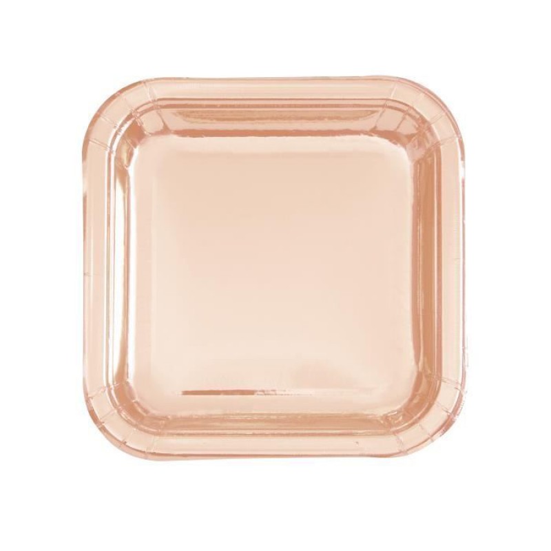 8 Quadratische Pappteller, Roségoldfarben-metallic, 23 Cm