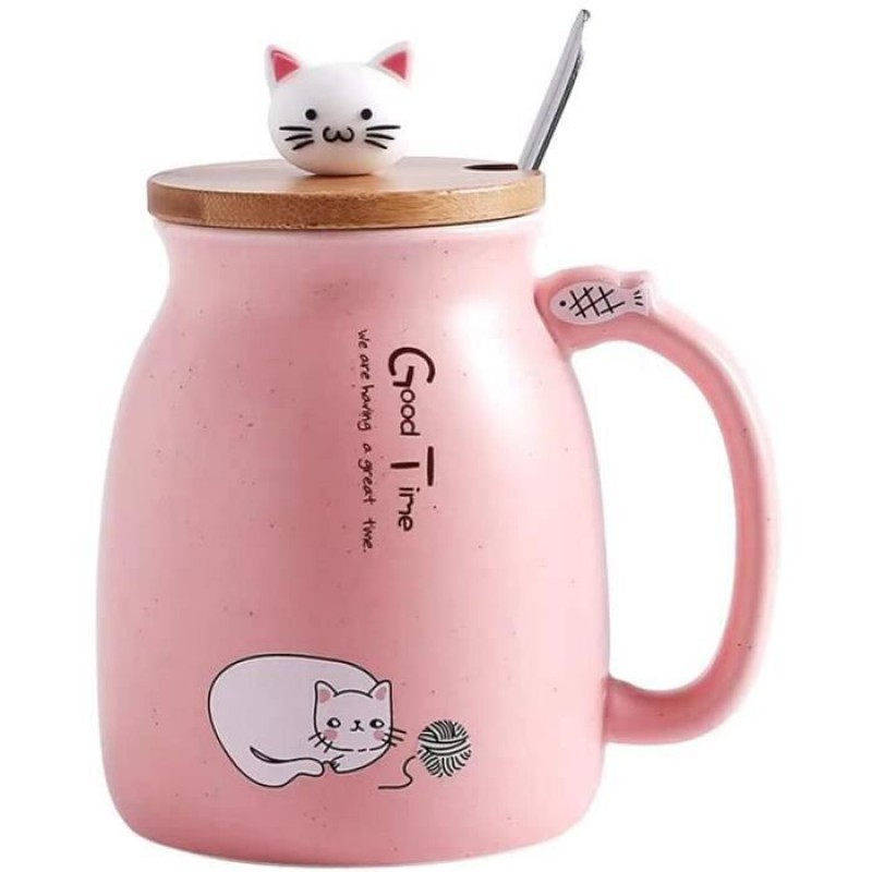 Kaffeetasse – Marke – Katze – Keramik – 380 Ml – Holzdeckel Und Edelstahllöffel