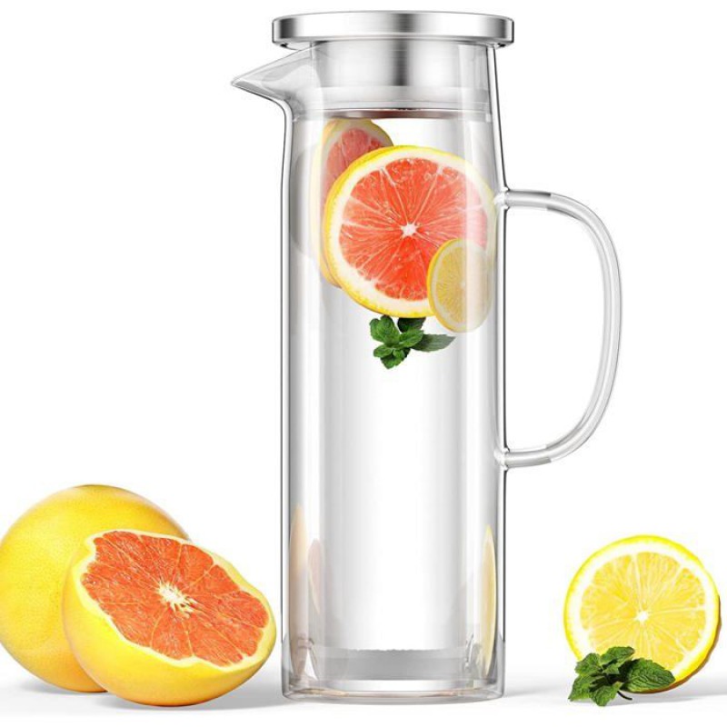 1 Wasserkaraffe, Borosilikatglas, Edelstahldeckel, 1,5 L, Für Saft, Kaffee, Milch.
