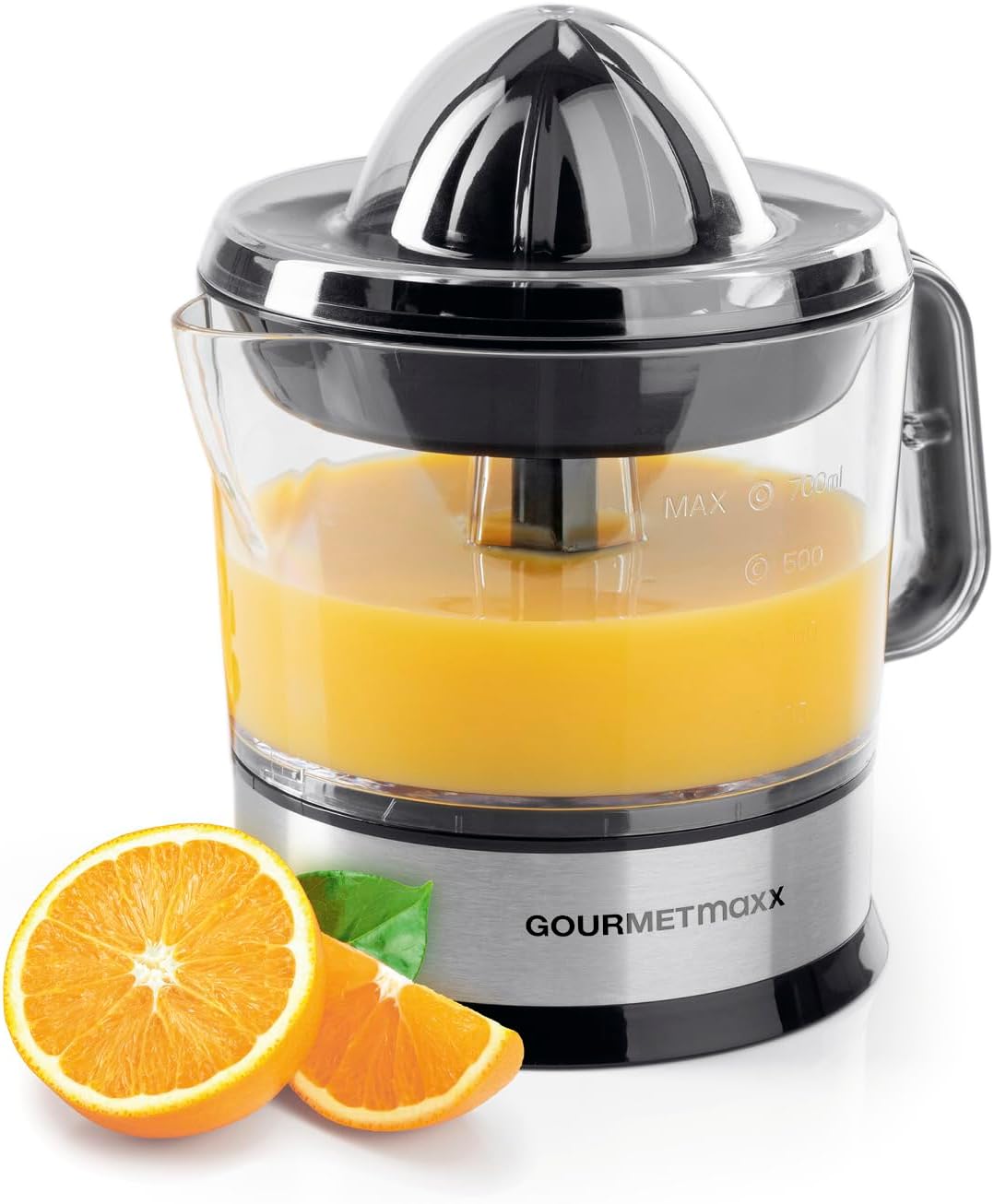 Elektrischer Entsafter Für Zitrusfrüchte Und Orangen, Zitruspresse, Bis Zu 700 Ml, Mit Diversen Zubehörteilen Für Frischeren Geschmack, 40 W, Transparent, Silber