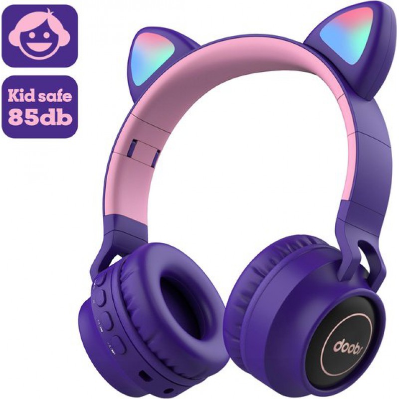 Dobi By Kids Kopfhörer – Kabellose Bluetooth-kopfhörer Mit Lila Led-katzenohren – Für Kinder – Lautstärkebegrenzung: 85 Db