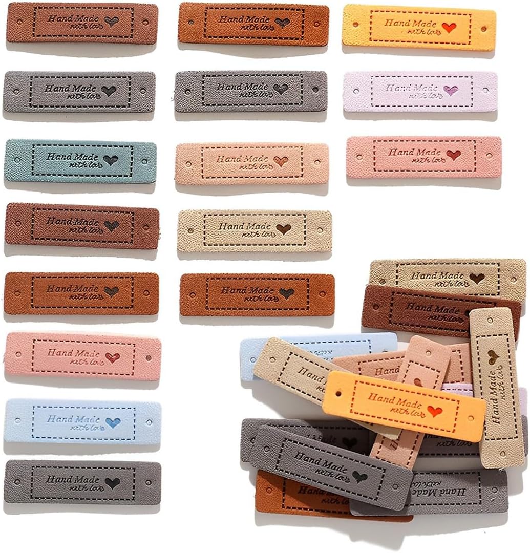 Set Mit 60 Handgefertigten Kleidungsetiketten, Personalisierte Leder-kleidungsetiketten, Handgefertigte Näh-etiketten Mit Löchern Für Strickarbeiten (10 Farben, 56 X 15 Mm)