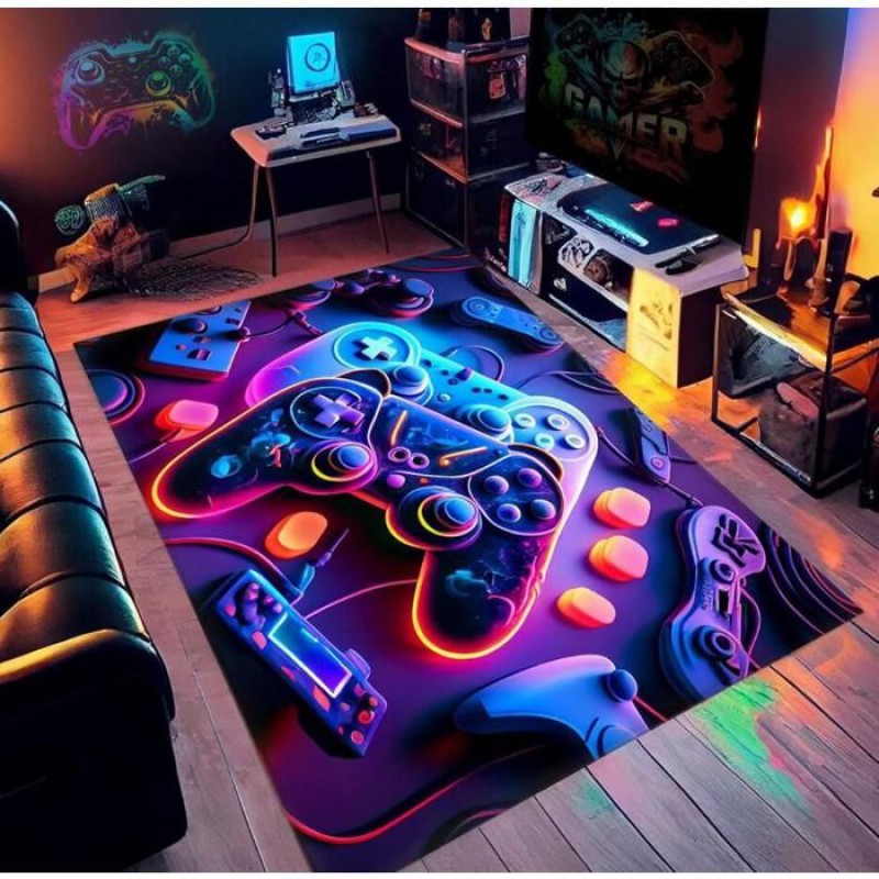 Teenager-gamer-zimmerteppich 80x120cm, 3d-gaming-bodenmatte, Kinderzimmerdeko, Rutschfest, Farbenfrohes Neon, Spielkonsole, Weicher Flanellteppich, Marineblau