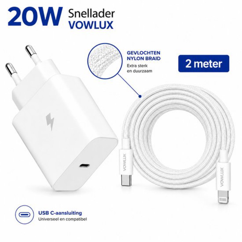 20-w-usb-c-schnellladeadapter + 2 Meter Langes, Geflochtenes Usb-c-auf-lightning-kabel – Schnelllade-set – Nylon-ummanteltes Kabel, Kompatibel Mit Iphone X, Xr, Xs, 11, 12, 13, 14, Pro Max, Plus Und