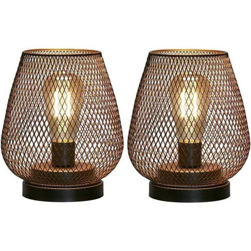 Designer-nachttischlampe – 2er-set – Schwarzes Metall – Goldfarbene Innenseite – Hellbraunes Glas – 14 X 14 X 17 Cm – Kabellos