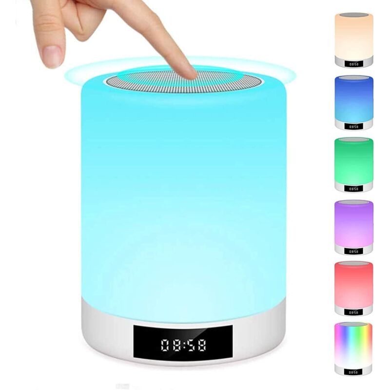 Diese Tragbare, Wiederaufladbare Touchscreen-nachttischlampe Mit Eingebautem Bluetooth-lautsprecher Bietet Musikwiedergabe, Fm-radio, Einen Wecker, Mehrfarbige Led-leuchten Und Einen Eingebauten Timer