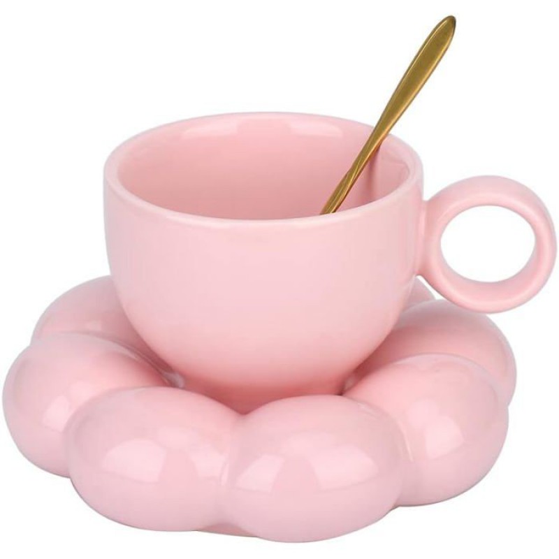 Keramik-kaffeetassen Mit Untertassen Im Wolkenmuster, Löffel Mit Blumenmuster Und Untersetzer Mit Sonnenblumenmuster, Kawaii-rosa.