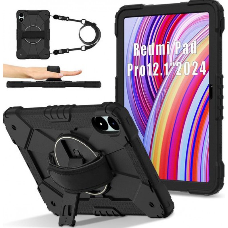 Hülle Kompatibel Mit Xiaomi Redmi Pad Pro / Poco Pad – Rückseite Mit Handschlaufe – 360° Drehbarer Ständer – Schwarze Schutzhülle