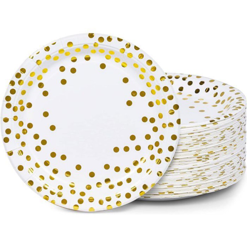Partyteller Aus Pappe, 100er-packung, Weiß Und Gold Mit Metallischen Punkten, 23 Cm