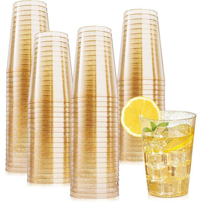 Set Mit 50 Bechern, Goldrand, Hartplastik, 280 Ml, Wiederverwendbar, Für Partys Und Hochzeiten.