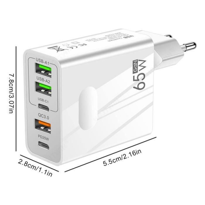 65-w-schnellladegerät Mit 5 Anschlüssen (2 Usb-c + 2 Usb + 1 Qc 3.0) Für Samsung Galaxy A41 (6,1 Zoll) – Weiß – Yuan