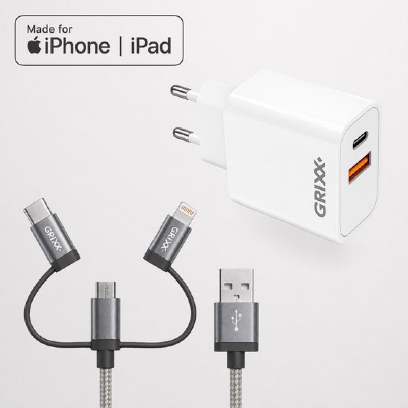 Grixx 20w Usb-c Schnellladegerät + 3-in-1 Ladekabel – Usb-c, Lightning Und Micro-usb – Power Delivery – Kompatibel Mit Iphone, Samsung Und Anderen Smartphones – Weiß