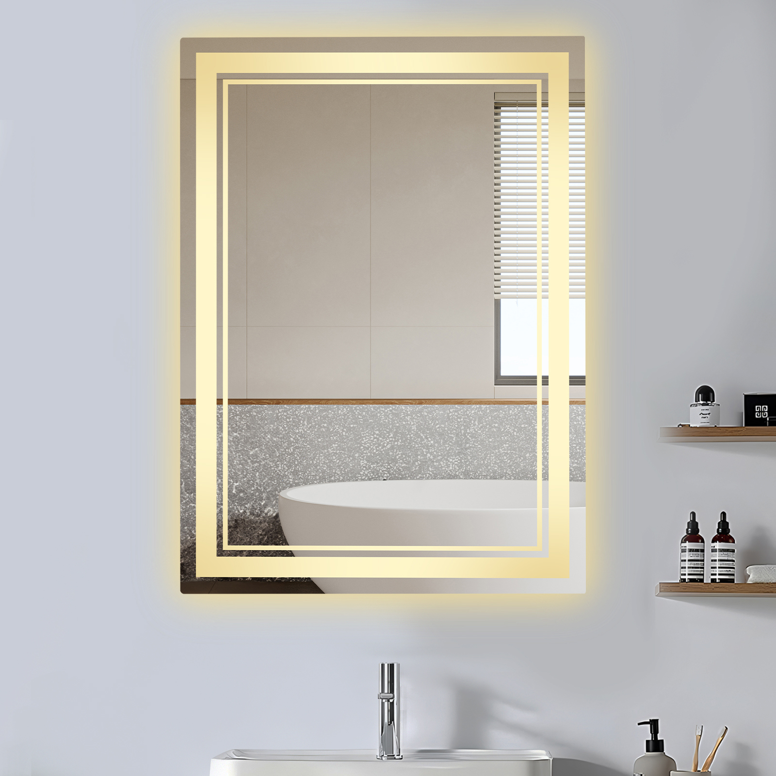 Rechteckiger Silberspiegel, 27,56 × 19,69 × 0,98 Zoll, Led-badezimmerspiegel Mit Zwei Lichtquellen, Stufenloser Dimmfunktion In Drei Farben + Touch-schalter, Horizontale Und Vertikale Montage, Europäi