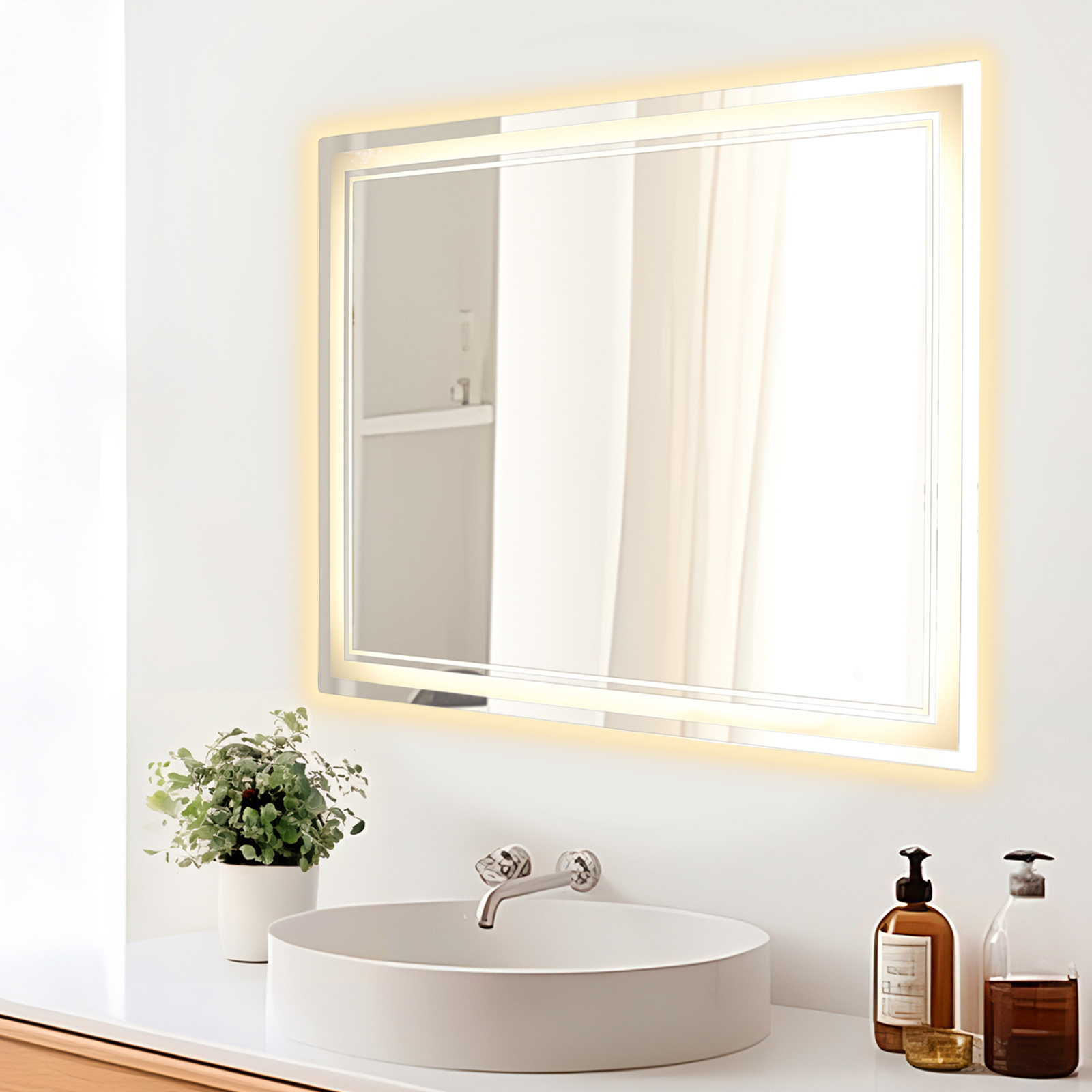 Rechteckiger Silberspiegel, 35,43 × 27,56 × 0,98 Zoll, Led-badezimmerspiegel Mit Zwei Lichtquellen, Stufenloser Dimmfunktion In Drei Farben + Touch-schalter, Horizontale Und Vertikale Montage, Europäi