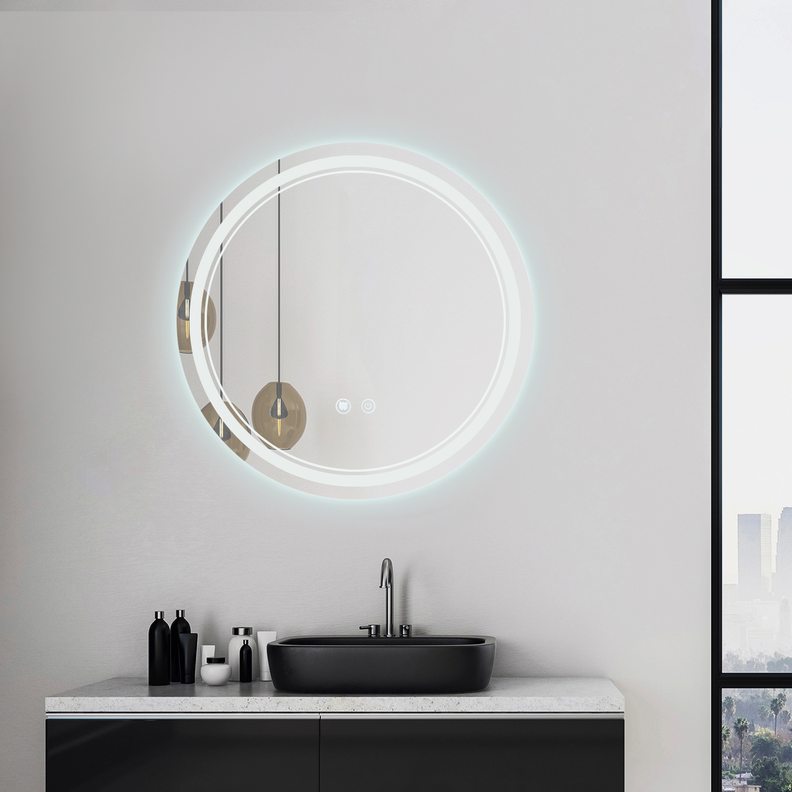 Silberner Spiegel, 2,5 × 60 × 60 Cm, Runder Led-schminkspiegel Mit Hoher Auflösung Und Zwei Lichtquellen, Stufenlose Dimmung In Drei Farben + Antibeschlag-funktion Mit Dual-touch-bedienung, Nach Europ
