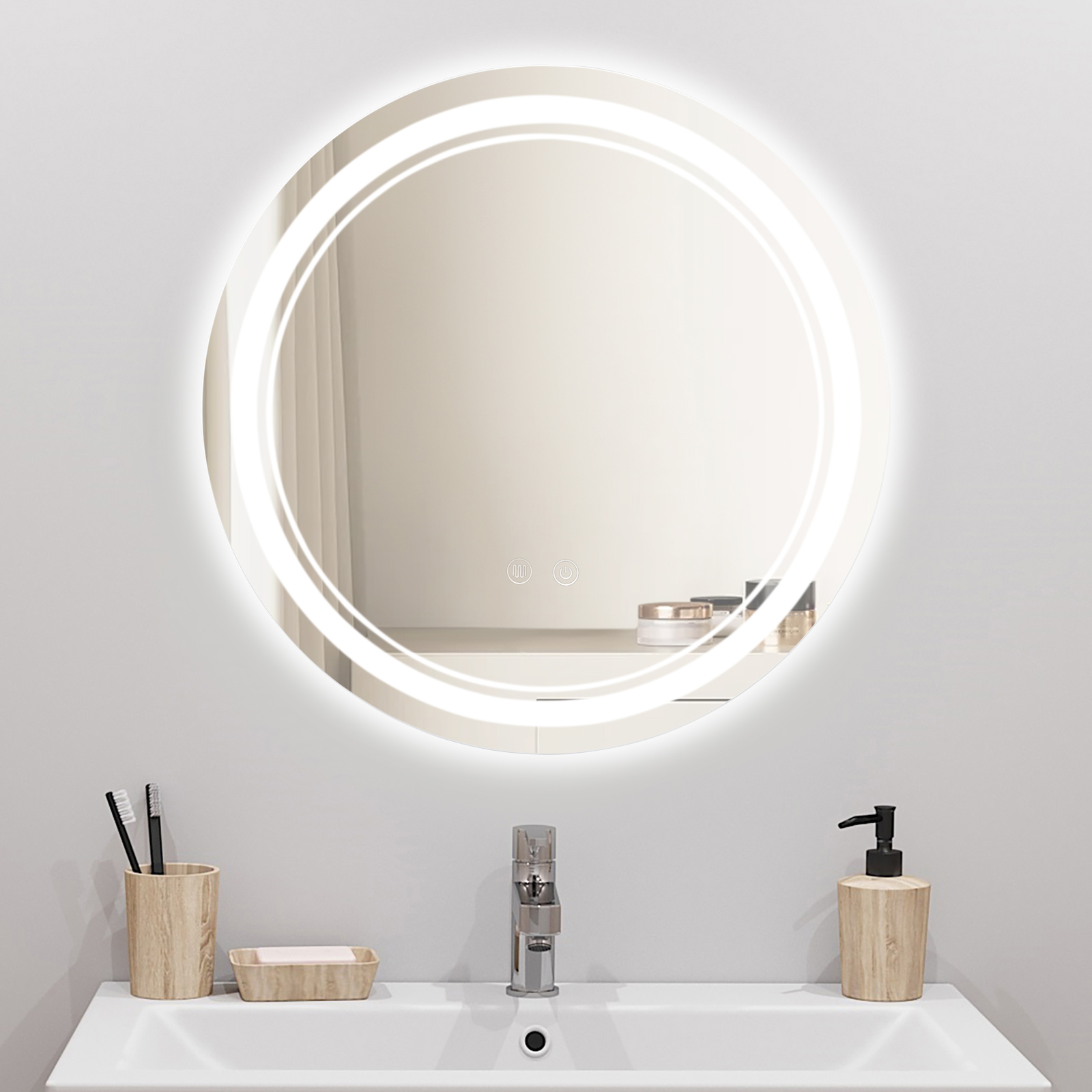 Silberner Spiegel, 2,5 × 50 × 50 Cm, Runder Led-beleuchteter Kosmetikspiegel Mit Hoher Auflösung Und Zwei Lichtquellen, Stufenlose Dimmung In Drei Farben + Antibeschlag-funktion Mit Dual-touch-bedienu