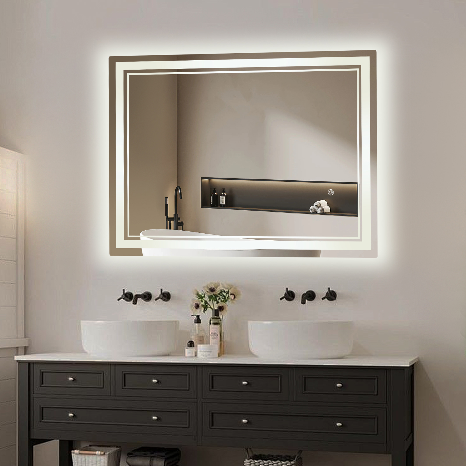Rechteckiger Silberspiegel, 31,5 X 23,62 X 0,98 In, Led-badezimmerspiegel Mit Zwei Lichtquellen, Stufenloser Dimmfunktion In Drei Farben + Touch-schalter, Horizontale Und Vertikale Montage, Europäisch