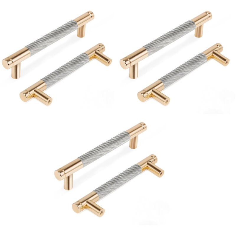 Gerändelte Möbelgriffe, Küchenschrankgriffe, Schubladengriffe, 128 Mm Lochabstand, 6 Stück (gold + Grau)