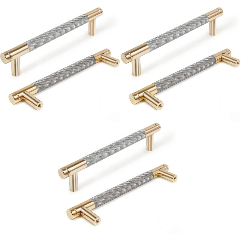 Gerändelte Möbelgriffe, Küchenschrankgriffe, Schubladengriffe, 160 Mm Lochabstand, 6 Stück (gold + Grau)