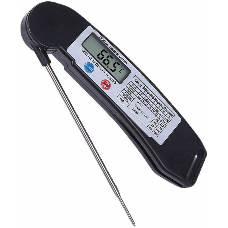 Faltbar - Digitales Lcd-lebensmittelthermometer Mit Sonde Für Wein, Lebensmittel, Fleisch, Steak, Pute, Grillgut, Yerba Mate, Milch, Zucker Und Mehr.