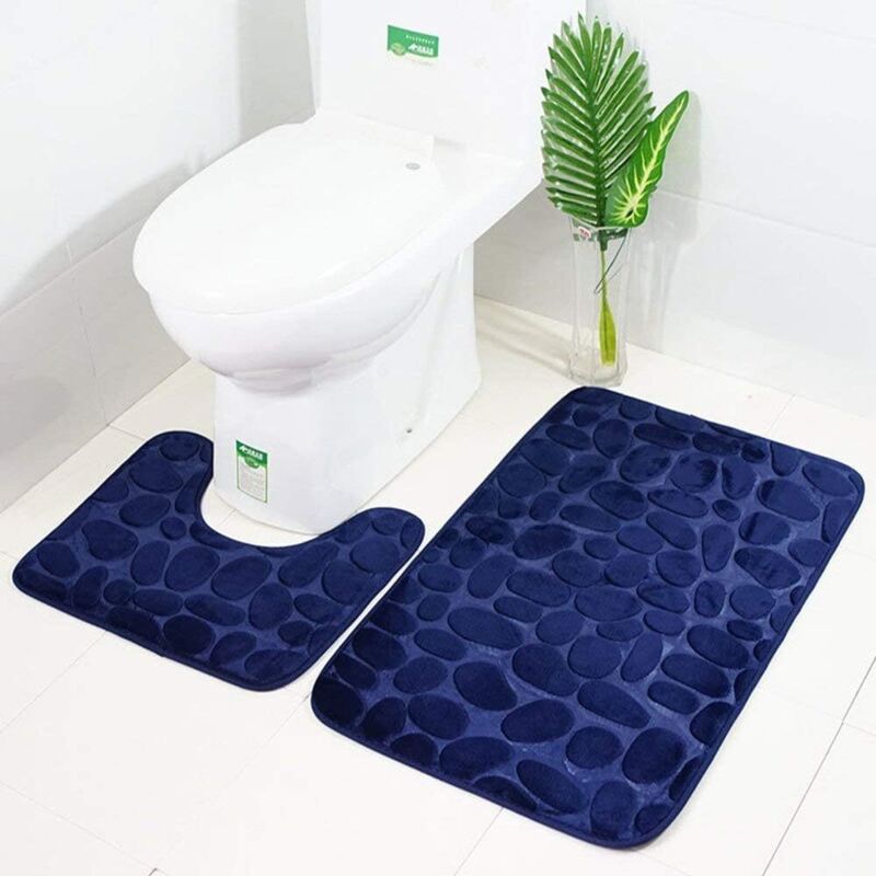 Wc- Und Badematten-set, 2-teilig, Mikrofaser, Polyester, Rutschfeste Gummirückseite, Schnelltrocknend (marineblau) - Fei Yu