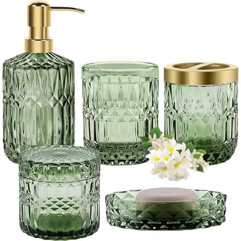 5-teiliges Badezimmer-accessoire-set – Grün-goldenes Glas – Seifenspender, Bürstenhalter, Becher – Für Moderne Badezimmer – Grün – 20 X 15 X 10 Cm