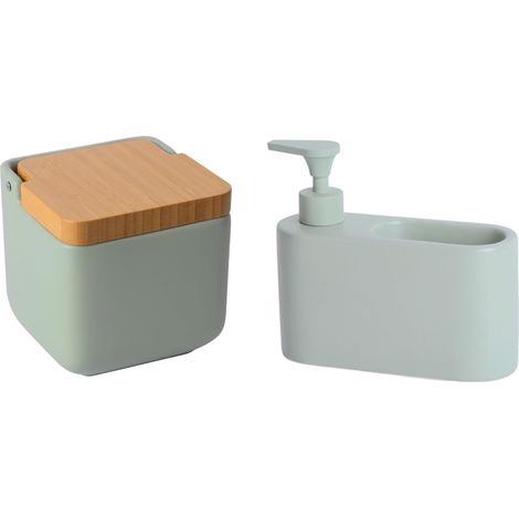 - Küchenaccessoires - Keramik - Flüssigkeitsspender Und Salzbehälter - Mattgrüne Oberfläche - Bambus - 18 X 6 X 15,8 Cm Und 11,5 X 11,5 X 11,5 Cm