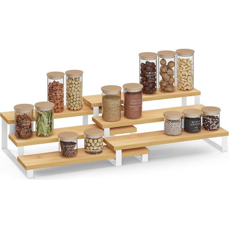 2er-set Gewürzregal – Ausziehbarer Gewürzhalter – 3-stöckiges Regal Aus Holzwerkstoff – Für Schrank Und Arbeitsplatte – Naturbeige Und Wolkenweiß – 45 X 20 X 18 Cm