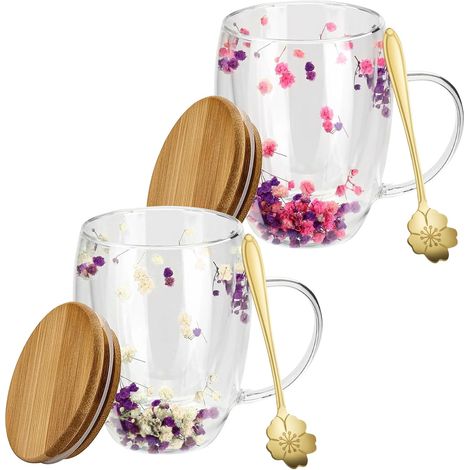 Set Aus 2 Doppelwandigen Kaffeetassen Mit Trockenblumen, 350 Ml Doppelwandige Gläser Mit Henkel, Doppelwandige Gläser, Kaffeetassen Mit Trockenblumen, Macchiato-gläser Mit Blüten